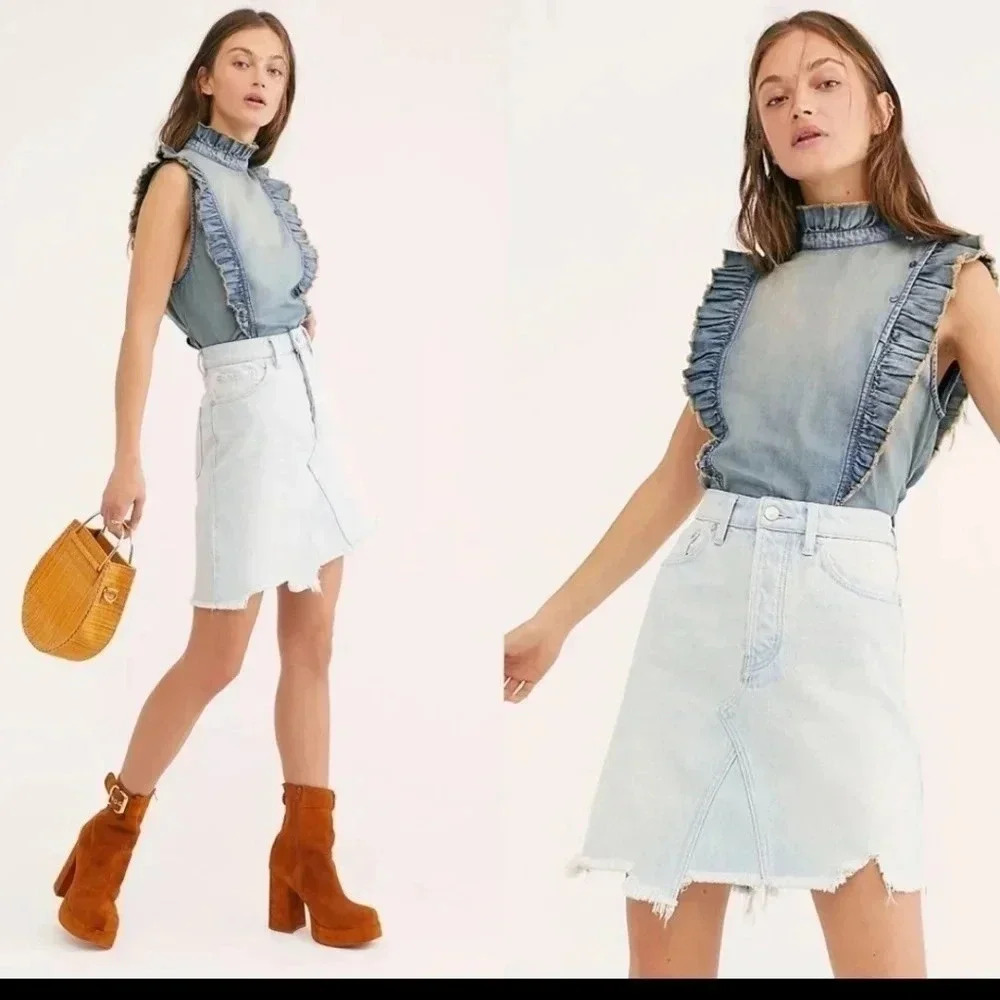 Free People We The Free Going Rouge Denim Distressed/Raw Hem Skirt(24)NWT